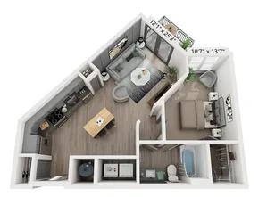 Chic 3D floor plan of a modern apartment featuring one bedroom, an elegant open-concept living area with balcony access, a stylish kitchen with island dining, and a sleek bathroom.