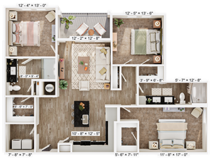 Elegant 3D floor plan featuring three spacious bedrooms, a modern kitchen with an island, open-concept living area, and two stylish bathrooms.