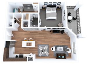 Modern 1-bedroom apartment floor plan with open-concept living area, cozy bedroom, chic kitchen, and breezy balcony.