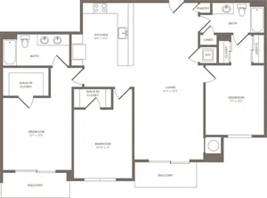 1489 square foot three bedroom two bath apartment floorplan image