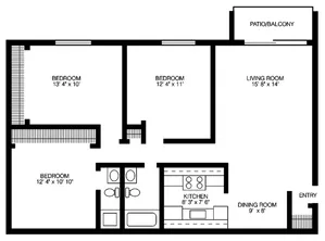 3 Bedroom, 2 Bathroom Floor Plan at Willow Hill Apartments in Justice IL