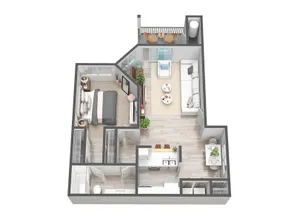 Modern 3D floor plan featuring a cozy bedroom, stylish open living area, sleek kitchen, and private balcony with seating.