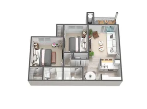 Modern 3D floor plan showcasing 2 cozy bedrooms, inviting living area, elegant kitchen, and charming balcony space.