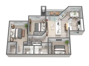 Modern 3-bedroom floor plan with open living area, sleek kitchen, and private balcony, designed for comfort and style.