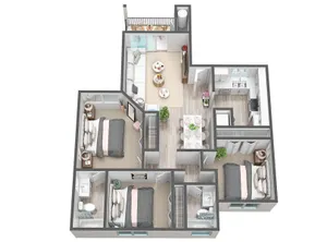 Modern 3D floor plan showcasing three bedrooms, a cozy living room, elegant dining area, and a well-equipped kitchen with two bathrooms.