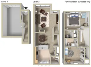 Elegant 3D floor plan depicting three levels, featuring a spacious bedroom, cozy living areas, and modern kitchen.