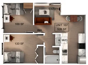Modern floor plan of Unit 107 with 528 SF featuring two bedrooms with Twin XL beds, cozy living area, functional kitchen equipped with appliances, and a stylish bathroom.