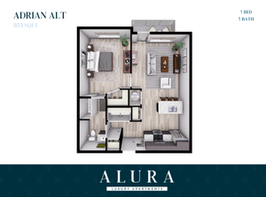 Elegant 1 bed, 1 bath floor plan in Alura Luxury Apartments, featuring a spacious open-concept living area and modern kitchen, 803 sq ft.