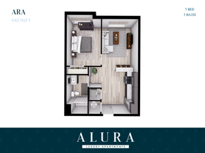 Elegant 2D floor plan of Alura Luxury Apartments showcasing 1 bedroom, a cozy living area, and a modern kitchen in a 642 sq ft space.