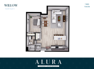 Contemporary Willow floor plan featuring 1 bedroom, 1 bath, open living and dining area, and modern kitchen, spanning 1039 square feet.