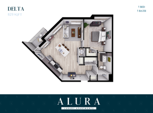 Delta floor plan at Alura Luxury Apartments, featuring 1 bedroom and 1 bath in an 829 sq ft space, with a modern open-concept living and kitchen area.
