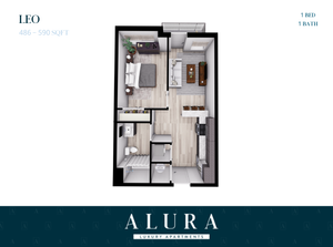 Elegant floor plan of Alura Luxury Apartments featuring 1 bedroom, 1 bath, and an open-concept living area with 543 sq ft.