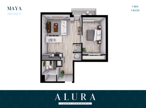 Maya 1 bed, 1 bath floor plan at Alura Luxury Apartments showcasing a stylish open-concept living area and modern kitchen layout in 684 sqft.