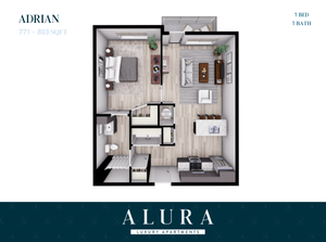 Alura luxury apartment floor plan for the Adrian model, featuring 1 bedroom, 1 bathroom, a cozy living area, modern kitchen, and private balcony, 771-803 sq ft.