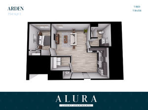 Modern Alura apartment floor plan of Arden model with 1 bedroom, 1 bath, spacious living room, and sleek kitchen, totaling 794 sq ft.