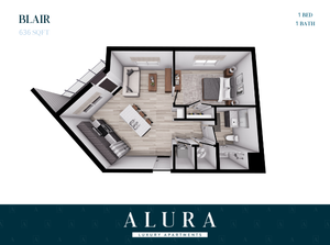 Blair floor plan offering 1 bedroom, modern open-concept living area, and stylish kitchen in 636 sq ft luxury apartment.