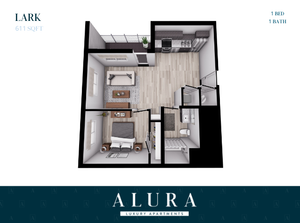 Alura floor plan featuring 1 bedroom, 1 bath, a cozy living area, modern kitchen, and balcony, spanning 611 sq ft.