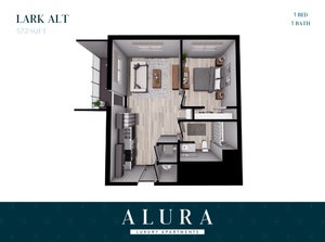 Lark Alt floor plan at Alura Luxury Apartments featuring 1 bedroom, 1 bathroom, a cozy living area, and modern kitchen layout, 572 sq ft.