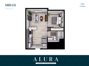 Miriam floor plan at Alura Luxury Apartments, showcasing 1 bedroom, sleek kitchen, cozy living area, and modern bathroom in 590 sq ft.