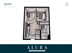 Quinn floor plan showcasing 1 cozy bedroom, modern bath, and open-concept living area in Alura Luxury Apartments, 486-609 sq ft.