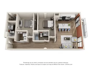 Sleek 3D floor plan showcasing a modern apartment with 2 bedrooms, an open kitchen with island seating, and a cozy living room leading to a balcony.