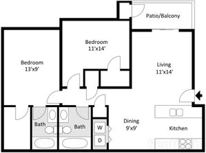 Two-bedroom, two-bath floor plan at Willow Creek Apartments offering a split layout with private bathrooms for each bedroom, large living and dining space, kitchen with breakfast bar, in-unit laundry hookups, and private patio or balcony access.