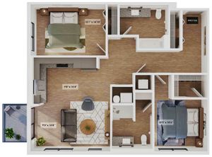 Modern 3D floor plan showcasing two spacious bedrooms, an open living space, and a contemporary kitchen with patio access.