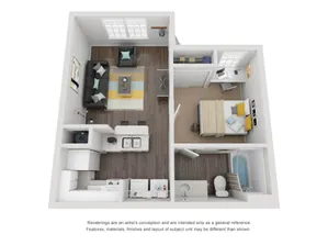 3D floor plan showcasing a modern 1-bedroom apartment with an open living area and a fully equipped kitchen.