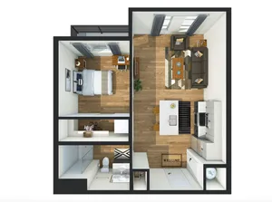 Inviting floor plan showcasing a cozy one-bedroom apartment with open kitchen, stylish living area, and modern bathroom.