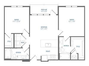Chic floor plan with 2 bedrooms, stylish bathrooms, and a modern kitchen near spacious living area.