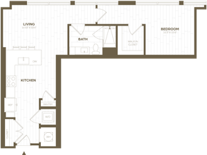 Elegant floor plan showcasing a spacious one-bedroom apartment with a modern kitchen, open living area, bath, and walk-in closet.