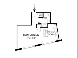 Chic Plymouth Lofts studio featuring 557 sq ft with open living/dining area, modern kitchen, and cozy bath.