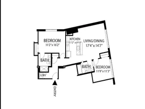 Modern Plymouth Lofts floor plan for Unit 211 featuring 2 bedrooms, 2 bathrooms, spacious living/dining area, and a functional kitchen, spanning 993 square feet.