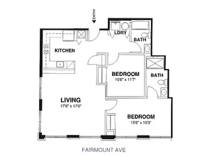 Avenue Flats floor plan for units 201, 301, 401 featuring 2 bedrooms, 2 bathrooms, open-concept living and kitchen area, and laundry space, 1,003 sq ft.