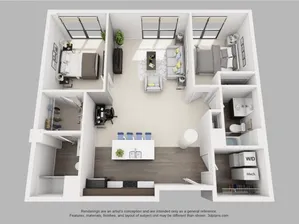 Elegant 3D floor plan showcasing a modern 2-bedroom apartment with an open-concept living room, sleek kitchen island, and two stylish bathrooms.