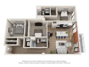 Modern 3D floor plan showcasing 2 bedrooms, 2 bathrooms, open-concept kitchen, dining area with island seating, and cozy living room with ample natural light.