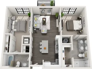 Modern 3D floor plan showcasing 2 bedrooms, a cozy living area, an open kitchen with island seating, and a dual-sink bathroom, complete with balcony views.