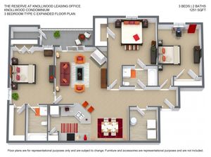 Sleek 3D floor plan showcasing a chic 3-bedroom, 2-bathroom layout with a cozy living area, modern kitchen, and inviting balcony in 1251 sq ft.