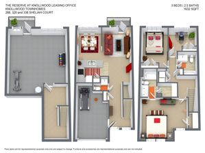 Elegant 3D floor plan of Knollwood Townhomes featuring 3 bedrooms, 2.5 baths, and open living areas. Includes a spacious kitchen and stylish recreational space over 1632 square feet.