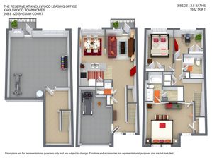 Modern 3D floor plan of spacious Knollwood Townhome, showcasing 3 bedrooms, 2.5 stylish bathrooms, open living area, and additional recreational space over 1632 sq ft.