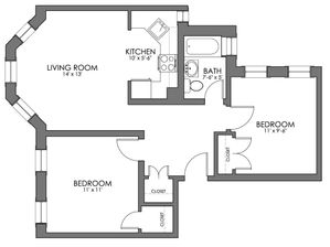 Charming floor plan featuring two spacious bedrooms, a bright living room, a functional kitchen, and a modern bath.