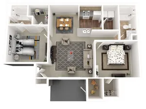 Modern floor plan showcasing two bedrooms, a spacious living room, and a well-equipped kitchen with dining area.
