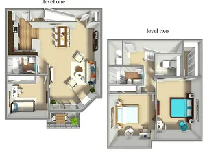 Two-level floor plan showcasing a modern open-concept design, with three bedrooms and spacious living areas.