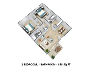 2 Bedroom, 1 Bathroom - 858 Square Feet