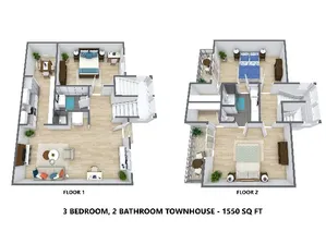 3 Bedroom, 2 Bathroom - 1550 Square Feet Townhouse