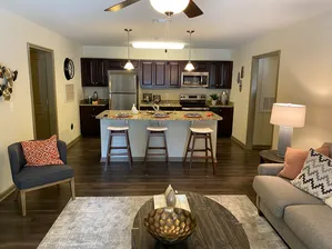 Modern open-concept living room and kitchen with elegant dark wood cabinetry, cozy seating, and chic decor accents.