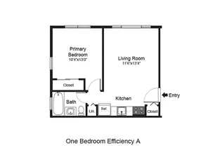 Charming one-bedroom efficiency floor plan featuring a cozy living room, modern kitchen, and well-appointed bath.