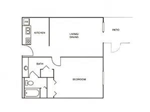 Modern 2D floor plan featuring a cozy 1-bedroom layout, spacious living/dining area, and a charming patio, perfect for urban living.
