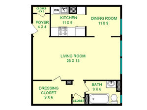 Floor plan of Victoria unit, roughly 660 square feet. Featuring living room, dining room, kitchen, dressing closet, and bathroom.