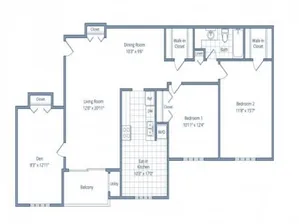 Bright and modern floor plan showcasing 2 bedrooms with walk-in closets, cozy den, open living and dining areas, along with a well-equipped kitchen and spacious balcony.
